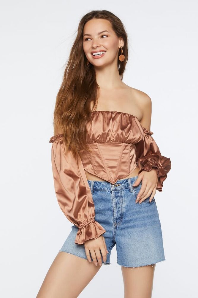 Women's Satin Off-the-Shoulder Crop Top in Coffee Large