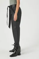 Women's Faux Leather Tie-Waist Cargo Pants Black