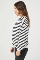 Women's Striped French Terry Pullover in Black/White Small