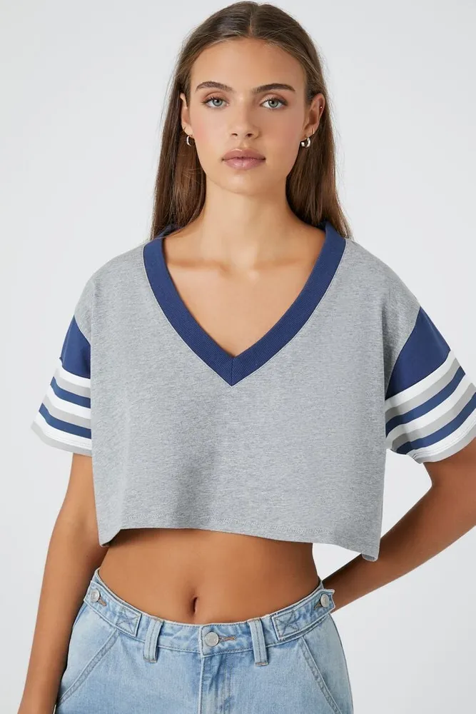 Women's Striped Cropped T-Shirt in Grey/Navy Small