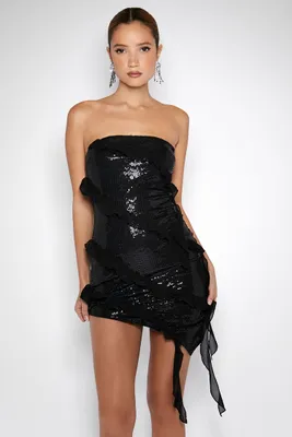 Women's Sequin Ruffle-Trim Mini Tube Dress in Black Large