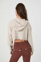 Women's Distressed Hooded Crop Top in Oatmeal Medium