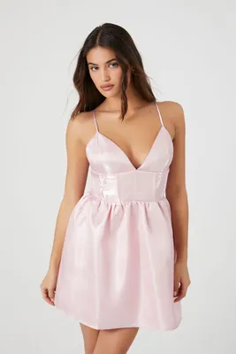 Women's Iridescent Satin Babydoll Dress in Pink Large