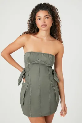 Women's Twill Utility Mini Tube Dress in Olive, XL