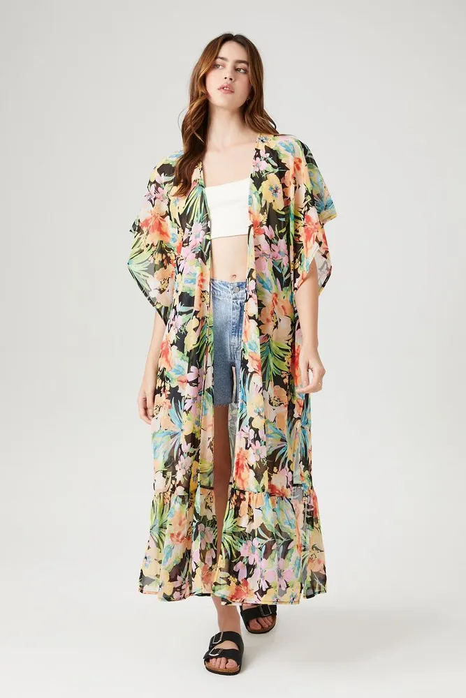 Women's Tropical Floral Print Kimono in Black Medium