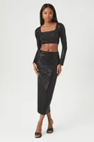 Women's Sequin Crop Top & Maxi Skirt Set in Black, XL