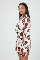 Women's Satin Tropical Print Mini Shirt Dress in Brown Small