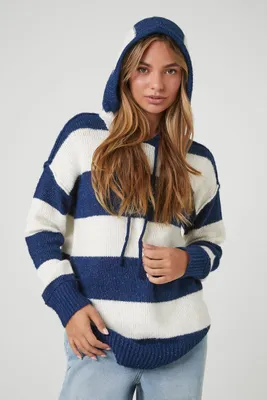 Women's Striped Hooded Sweater in Navy Large