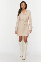 Women's V-Neck Belted Shirt Dress in Taupe Large