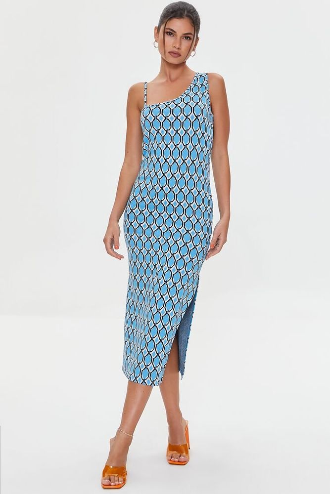 Women's Geo Print Slit Midi Dress in Blue Small