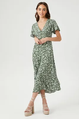 Women's Crepe Floral Print Midi Dress in Olive Small