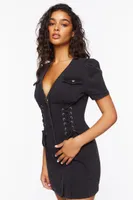 Women's Lace-Up Denim Mini Dress in Black, XS