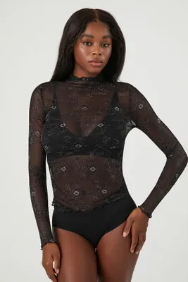 Women's Sheer Lace Floral Lingerie Top in Black/Silver Small