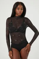 Women's Sheer Lace Floral Lingerie Top in Black/Silver Small