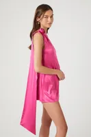 Women's Satin Rosette One-Shoulder Mini Dress in Fuchsia Large