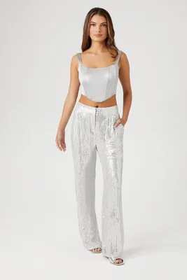 Women's Low-Rise Sequin Pants in Silver Small