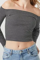 Women's Striped Off-the-Shoulder Crop Top in Black/White, XS