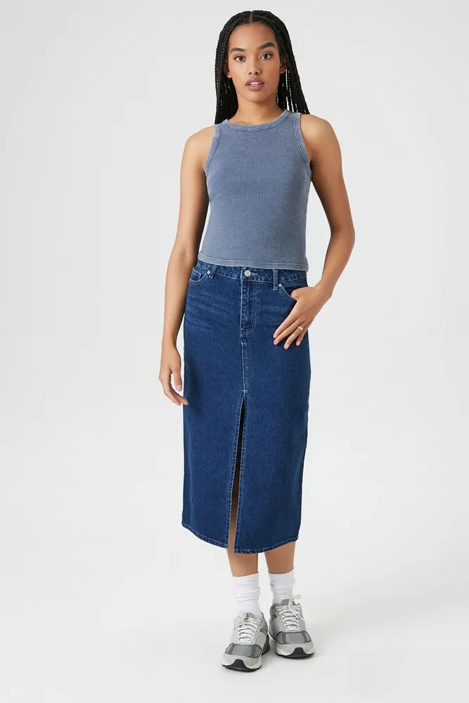 Women's Denim Midi Slit Skirt in Dark Denim Large