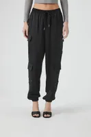 Women's Satin Mid-Rise Cargo Pants in Black, XS