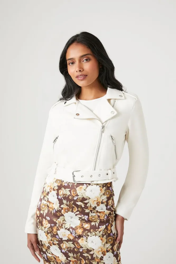 Women's Faux Suede Cropped Moto Jacket in Vanilla Small