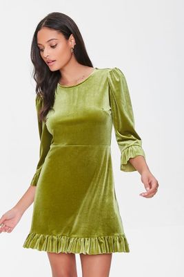 Women's Velvet Flounce Mini Dress in Olive Medium