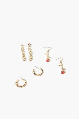 Women's Rose & Heart Drop Earring Set in Gold/Red