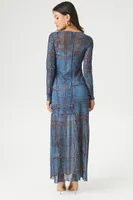 Women's Abstract Geo Print Mesh Maxi Dress in Blue, XS