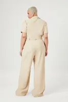 Women's Tie-Front Jumpsuit in Beige, 3X