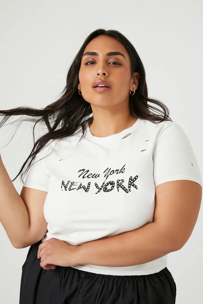 Women's New York Graphic Distressed T-Shirt in White, 3X