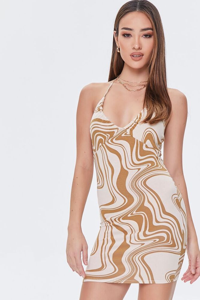 Women's Marble Print Halter Dress in Brown Large