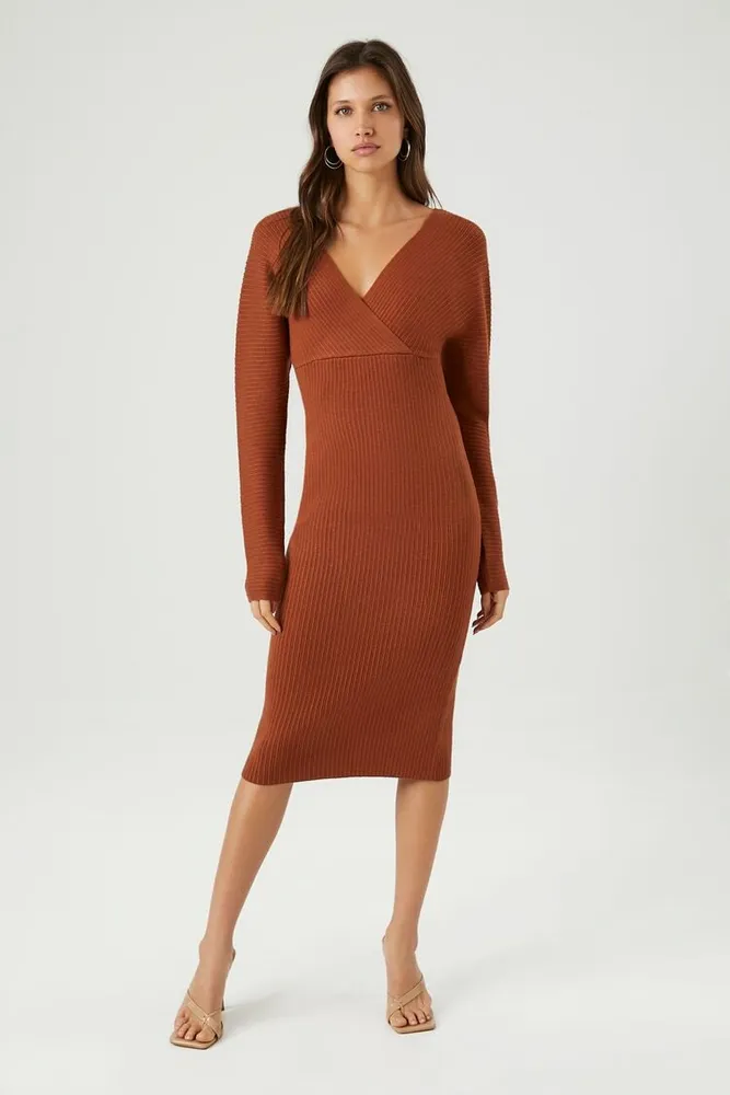 Women's Surplice Midi Sweater Dress in Mocha, XS