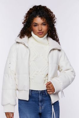 Women's Faux Leather Zip-Up Puffer Jacket in Cream Large
