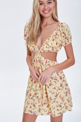 Women's Floral Cutout Mini Dress in Yellow Small