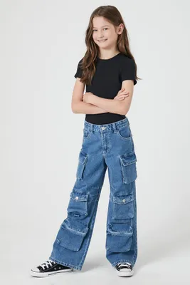 Girls Wide-Leg Cargo Jeans (Kids) in Medium Denim, 9/10