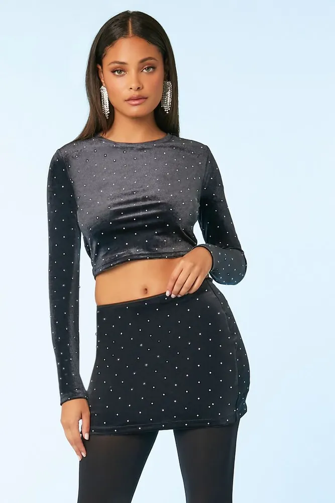 Women's Velvet Rhinestone Mini Skirt in Black, XL