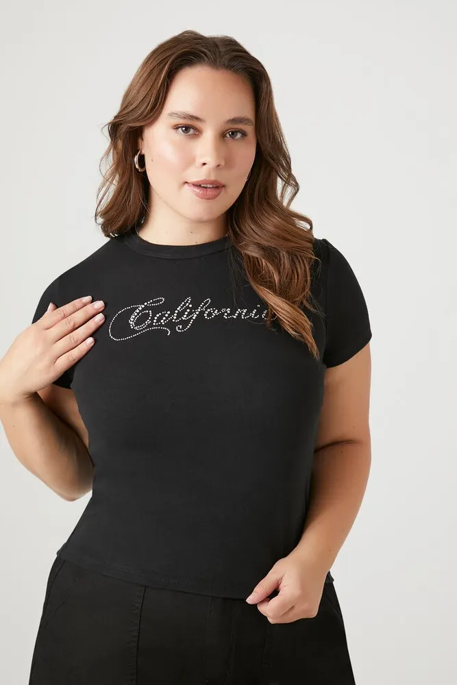 Women's Rhinestone California Cropped T-Shirt in Black/Silver, 0X