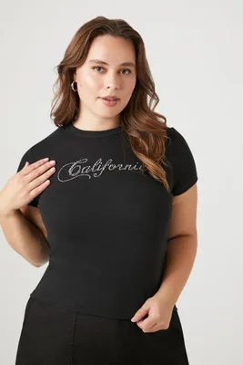 Women's Rhinestone California Cropped T-Shirt in Black/Silver, 1X