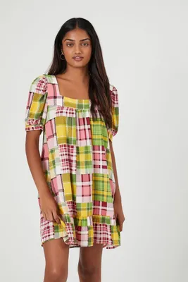 Women's Poplin Plaid Ruffle Mini Dress