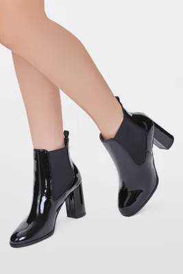 Women's Faux Patent Leather Chelsea Booties Black,