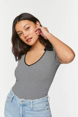 Women's Striped V-Neck Sweater-Knit Bodysuit in Black/White, XS