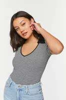 Women's Striped V-Neck Sweater-Knit Bodysuit in Black/White, XS