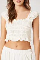 Women's Ruffle Shirred Crop Top in White Large