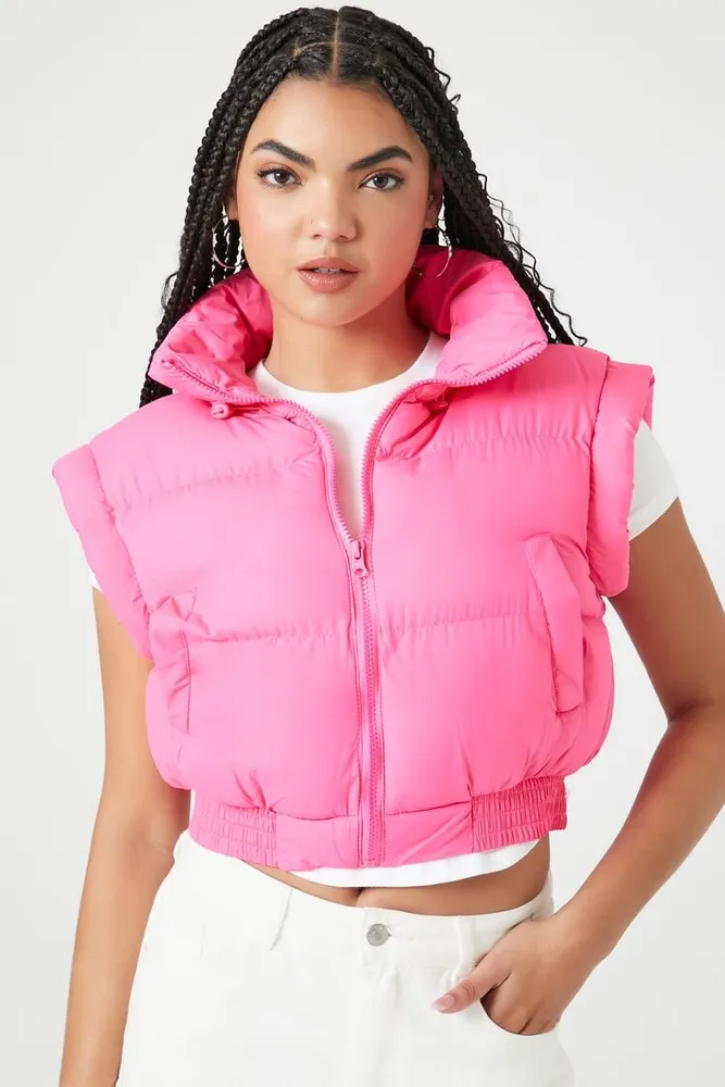 Women's Zip-Up Cropped Puffer Vest in Hot Pink Large