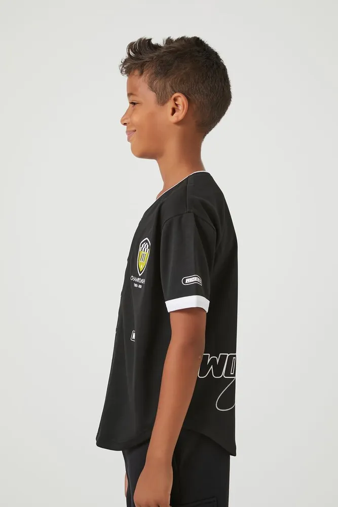 Kids Racecar Patch Baseball Jersey (Girls + Boys) in Black, 9/10