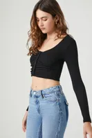 Women's Ruched Rib-Knit Crop Top Black