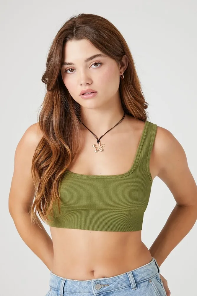 Forever 21 Women's Ribbed Scoop Neck Cropped Tank Top in Olive Medium