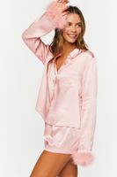 Women's Satin Feather-Trim Shirt & Shorts Pajama Set in Gossamer Pink Small