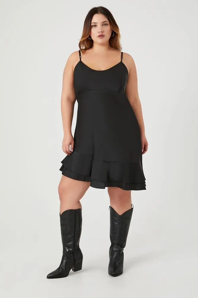 Asymmetrical Satin Mini Dress in Black, 1X