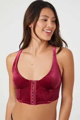 Women's Hook-and-Eye Velour Bra Corset in Burgundy Medium