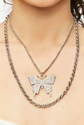 Women's Butterfly Pendant Necklace Set in Silver